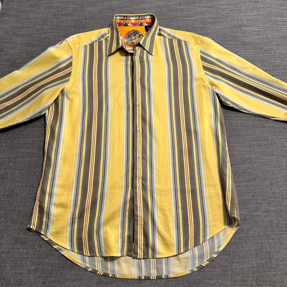 Robert Graham Button Down Shirt Mens Medium Yellow Striped Flip Cuffs